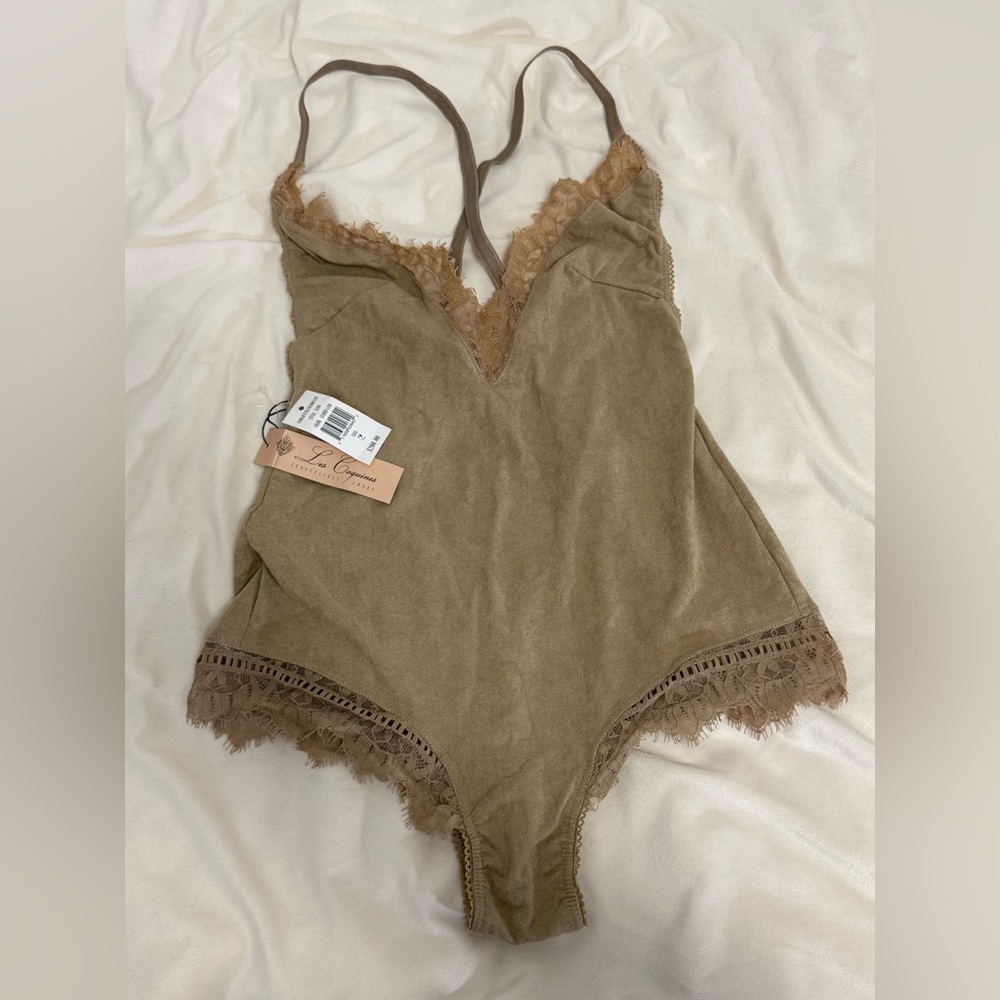Elegant Lace Trimmed Bodysuit in Tan